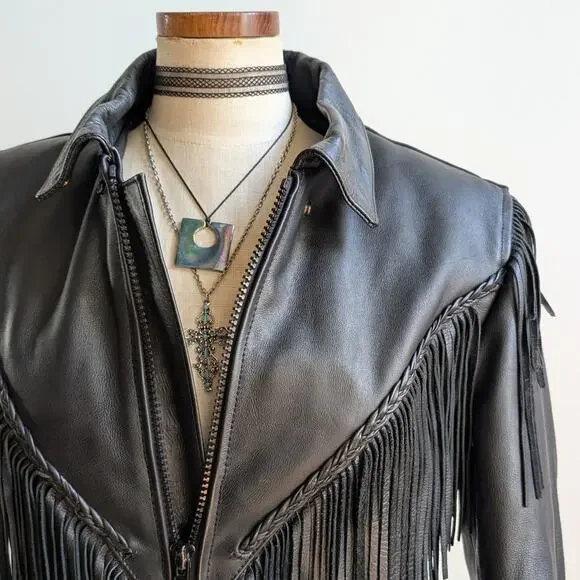 Vintage Black Leather Biker Jacket Fringe Sexy Moto Cowgirl Western Coat Small - Picture 4 of 12